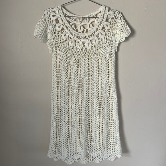 Mumu Mellow Crochet The Day Away Beige Cream Short Sleeve Dress Coverup Size M - Picture 1 of 11